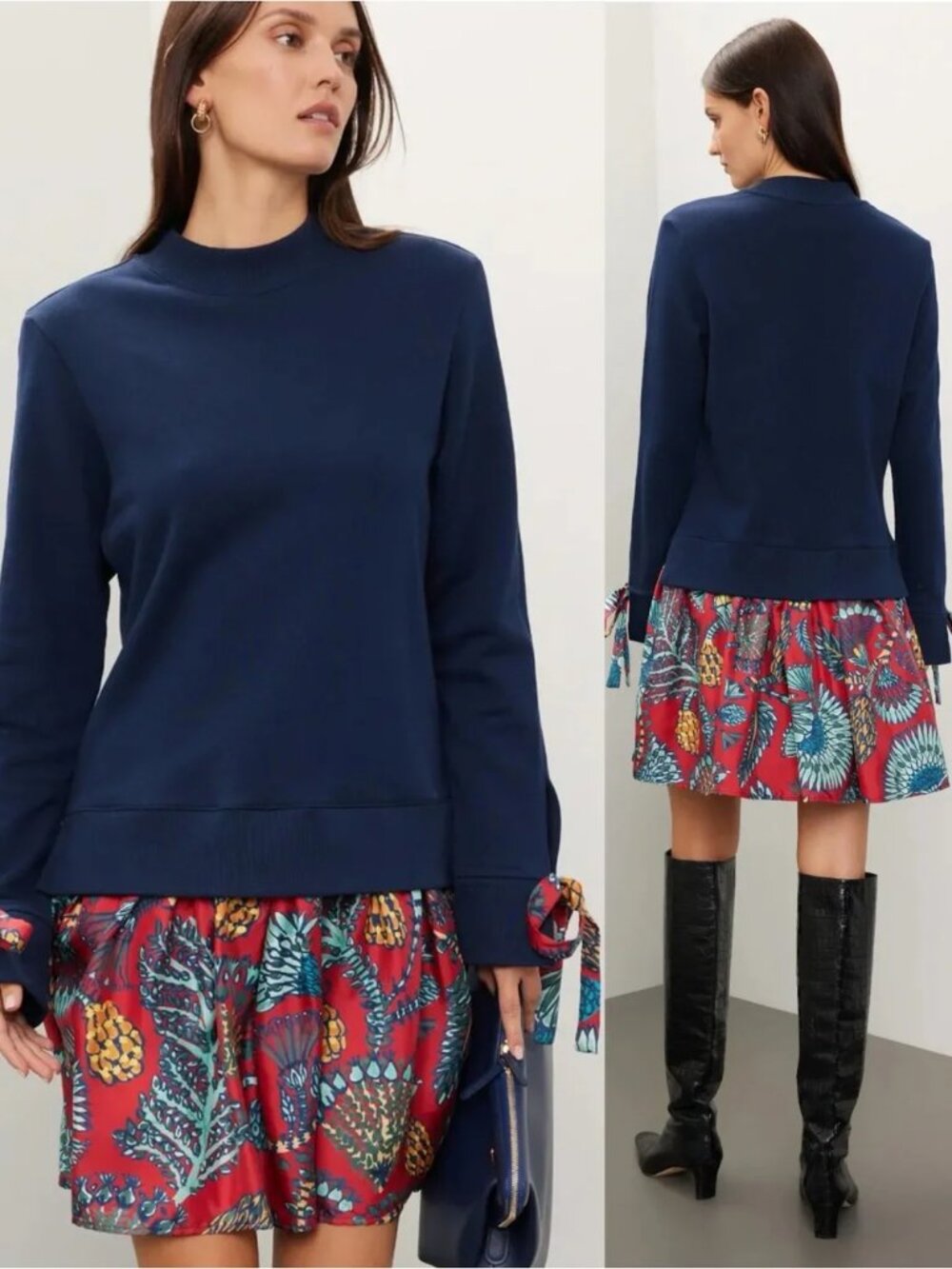 LA DOUBLE J Sporty Mini Dress Cute Mixed media LS Navy w/ Fun Ribbon tie Cuffs S